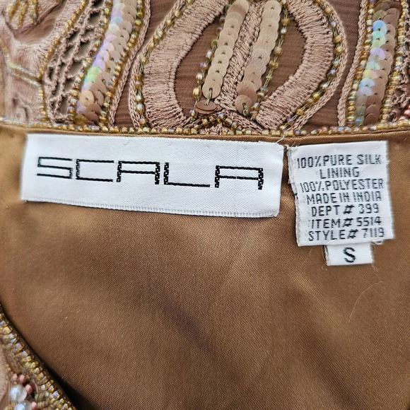 SCALA Vintage 100% Silk Beaded, Embroidered and Sequin Golden Brown Jacket Sz S - Picture 10 of 14
